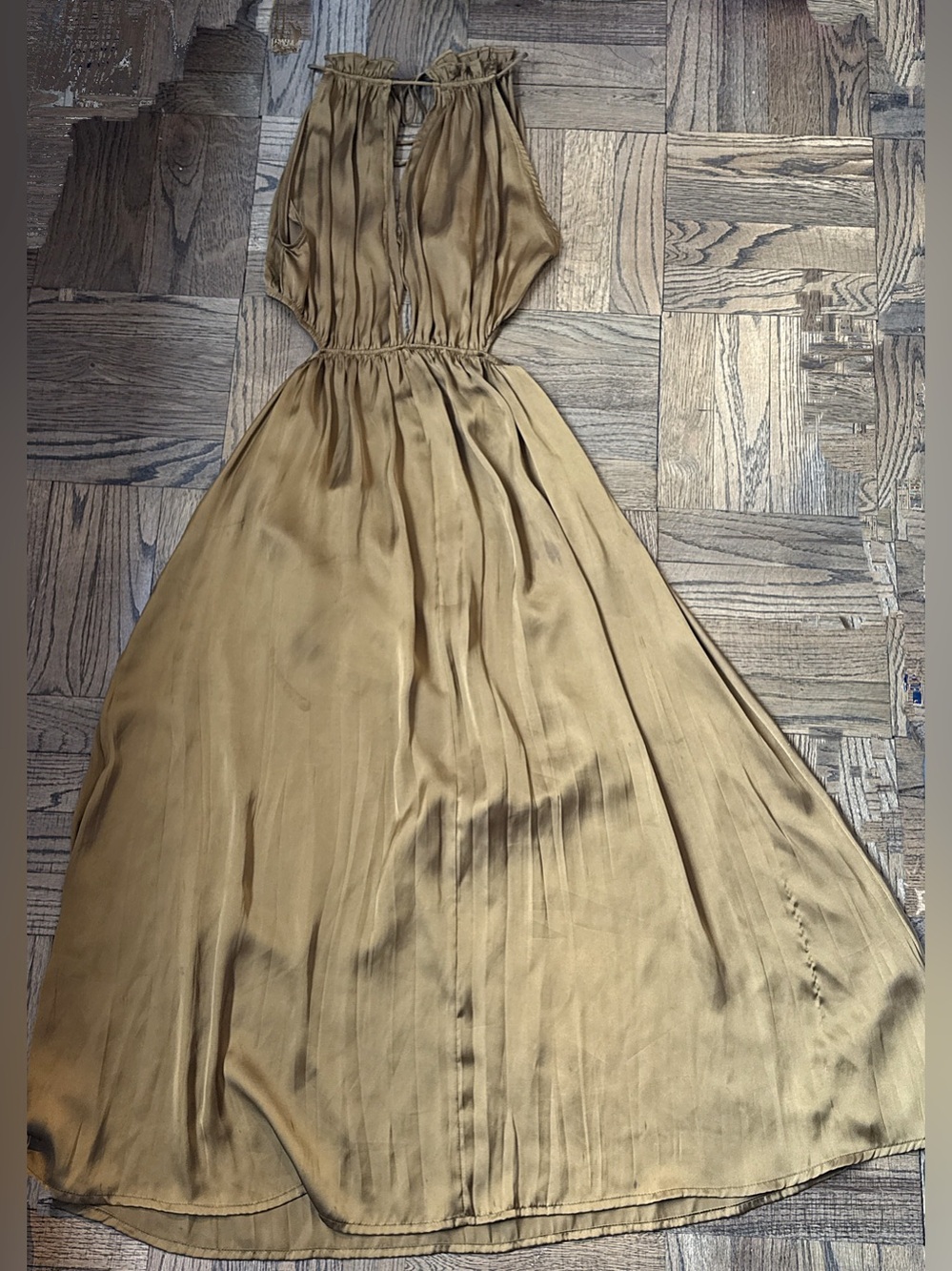 Zara Olive-Gold Satin Halter Maxi Dress